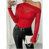 image:imageGORGLITTER Womens Gothic Asymmetrical Neck One Shoulder Mesh Patchwork Tops Y2K Long Sleeve Rave Festival Shirt TopSolid Burgundy