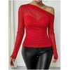 image:imageGORGLITTER Womens Gothic Asymmetrical Neck One Shoulder Mesh Patchwork Tops Y2K Long Sleeve Rave Festival Shirt TopSolid Burgundy