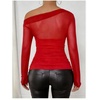 image:imageGORGLITTER Womens Gothic Asymmetrical Neck One Shoulder Mesh Patchwork Tops Y2K Long Sleeve Rave Festival Shirt TopSolid Burgundy