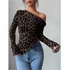 image:imageGORGLITTER Womens Leopard Print Y2k Tee Shirt Off The Shoulder Asymmetrical Neck Long Sleeve Coquette TopsBlack and Brown