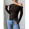 image:imageGORGLITTER Womens Leopard Print Y2k Tee Shirt Off The Shoulder Asymmetrical Neck Long Sleeve Coquette TopsBlack and Brown