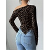 image:imageGORGLITTER Womens Leopard Print Y2k Tee Shirt Off The Shoulder Asymmetrical Neck Long Sleeve Coquette TopsBlack and Brown