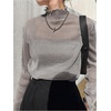 image:imageGORGLITTER Womens Mesh Long Sleeve Tops Mock Neck Frill Trim Fitted Glitter T Shirt Casual Tops Outfits