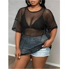 image:imageGORGLITTER Womens Plus Size Fishnet Shirt Tops Crochet See Through Short Sleeve Crew Neck Loose Y2K Fish Net Tees TopBlack