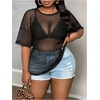 image:imageGORGLITTER Womens Plus Size Fishnet Shirt Tops Crochet See Through Short Sleeve Crew Neck Loose Y2K Fish Net Tees TopBlack