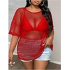 image:imageGORGLITTER Womens Plus Size Fishnet Shirt Tops Crochet See Through Short Sleeve Crew Neck Loose Y2K Fish Net Tees TopRed