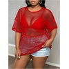 image:imageGORGLITTER Womens Plus Size Fishnet Shirt Tops Crochet See Through Short Sleeve Crew Neck Loose Y2K Fish Net Tees TopRed