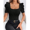 image:imageGORGLITTER Womens Puff Short Sleeve Square Neck Top Textured Knitted T Shirt Going Out TopsBlack