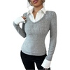 image:imageGORGLITTER Womens Collared Shirts Long Sleeve Polo Ribbed Dressy Business Casual Fall Work 2 in 1 Fitted Tops