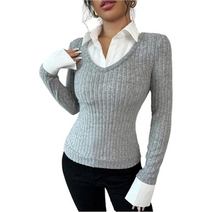 image:imageGORGLITTER Womens Collared Shirts Long Sleeve Polo Ribbed Dressy Business Casual Fall Work 2 in 1 Fitted Tops
