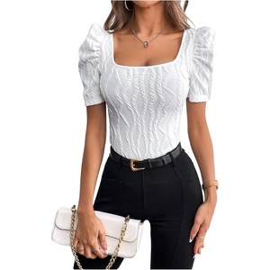 image:imageGORGLITTER Womens Puff Short Sleeve Square Neck Top Textured Knitted T Shirt Going Out TopsWhite