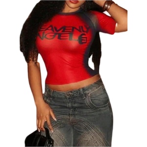 image:imageGORGLITTER Womens Short Sleeve Sheer Mesh Crop Tops Y2K See Through Letter Tees Summer Going Out TopsRed