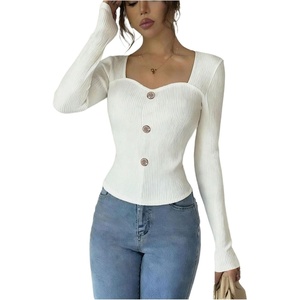 image:imageGORGLITTER Womens Sweetheart Neckline Long Sleeve Dressy Tops Metal Button Decor Elegant Ribbed T ShirtsWhite