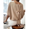 image:imageGORGLITTER Womens Bow Blouse Tops Dressy Keyhole 34 Length Sleeve Crew Neck Casual Office Shirt Vacation Going Out TopKhaki