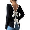 image:imageGORGLITTER Womens Bow Open Back T Shirt Backless Long Sleeve Colorblock Crewneck Spring Trendy Going Out Tee TopsBlack and White