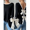image:imageGORGLITTER Womens Bow Open Back T Shirt Backless Long Sleeve Colorblock Crewneck Spring Trendy Going Out Tee TopsBlack and White