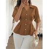 image:imageGORGLITTER Womens Cinched Waist Peplum Blouse Button Down Puff Sleeve Babydoll Shirts Business Casual Trendy TopBrown