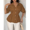 image:imageGORGLITTER Womens Cinched Waist Peplum Blouse Button Down Puff Sleeve Babydoll Shirts Business Casual Trendy TopBrown