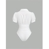 image:imageGORGLITTER Womens Collared V Neck Puff Short Sleeve Ruched Bodysuit Blouse Business Casual Work Shirt Body Suits TopsWhite