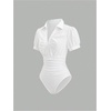 image:imageGORGLITTER Womens Collared V Neck Puff Short Sleeve Ruched Bodysuit Blouse Business Casual Work Shirt Body Suits TopsWhite