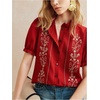 image:imageGORGLITTER Womens Floral Embroidered Tops Blouses Ruffle Short Puff Sleeve Button Down Summer Dressy ShirtsRed