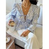 image:imageGORGLITTER Womens Floral Ruffle Babydoll Blouses Top Bow Tie Front Peplum Deep V Bishop Long Sleeve Cute Going Out TopBlue and White