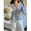 image:imageGORGLITTER Womens Floral Ruffle Babydoll Blouses Top Bow Tie Front Peplum Deep V Bishop Long Sleeve Cute Going Out TopBlue and White