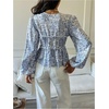 image:imageGORGLITTER Womens Floral Ruffle Babydoll Blouses Top Bow Tie Front Peplum Deep V Bishop Long Sleeve Cute Going Out TopBlue and White