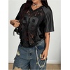 image:imageGORGLITTER Womens Lace Jersey Shirts Number Graphic Sheer Mesh Short Sleeve V Neck Oversized T ShirtBlack