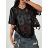 image:imageGORGLITTER Womens Lace Jersey Shirts Number Graphic Sheer Mesh Short Sleeve V Neck Oversized T ShirtBlack