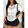 image:imageGORGLITTER Womens Lace Jersey Shirts Number Graphic Sheer Mesh Short Sleeve V Neck Oversized T ShirtWhite