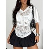 image:imageGORGLITTER Womens Lace Jersey Shirts Number Graphic Sheer Mesh Short Sleeve V Neck Oversized T ShirtWhite