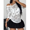 image:imageGORGLITTER Womens Lace Jersey Shirts Number Graphic Sheer Mesh Short Sleeve V Neck Oversized T ShirtWhite