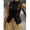 image:imageGORGLITTER Womens Lace Tank Top Mandarin Collar Guipure Split Sleeveless Shirt Blouses Vintage Going Out TopsBlack
