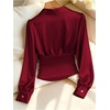 image:imageGORGLITTER Womens Long Sleeve Satin Blouse Collared V Neck Button Cinched Waist Top Dressy Elegant Ruched Casual Work ShirtsBurgundy