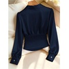 image:imageGORGLITTER Womens Long Sleeve Satin Blouse Collared V Neck Button Cinched Waist Top Dressy Elegant Ruched Casual Work ShirtsDark Blue
