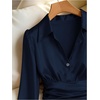 image:imageGORGLITTER Womens Long Sleeve Satin Blouse Collared V Neck Button Cinched Waist Top Dressy Elegant Ruched Casual Work ShirtsDark Blue