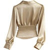 image:imageGORGLITTER Womens Long Sleeve Satin Blouse Collared V Neck Button Cinched Waist Top Dressy Elegant Ruched Casual Work ShirtsKhaki