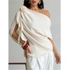 image:imageGORGLITTER Womens Off The Shoulder Ruched Draped Top 3D Floral Ruffle Trim Elegant Cocktail Party BlousesApricot