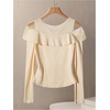 image:imageGORGLITTER Womens Old Money Top Cold Shoulder Metallic Button Shirt Long Sleeve Ribbed Knit Spring Trendy Tee TopsYellow