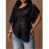 image:imageGORGLITTER Womens Plus Size Off The Shoulder Tops Floral Mesh Ruched Asymmetrical Dolman Short Sleeve Blouse ShirtBlack