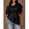 image:imageGORGLITTER Womens Plus Size Off The Shoulder Tops Floral Mesh Ruched Asymmetrical Dolman Short Sleeve Blouse ShirtBlack