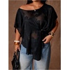 image:imageGORGLITTER Womens Plus Size Off The Shoulder Tops Floral Mesh Ruched Asymmetrical Dolman Short Sleeve Blouse ShirtBlack