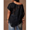 image:imageGORGLITTER Womens Plus Size Off The Shoulder Tops Floral Mesh Ruched Asymmetrical Dolman Short Sleeve Blouse ShirtBlack