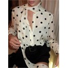 image:imageGORGLITTER Womens Polka Dots Scarf Shirt Chiffon Long Sleeve Button Down Shirts Vintage Business Casual TopsBlack and White