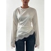 image:imageGORGLITTER Womens Satin Cinched Waist Top Lace Trim Long Sleeve Blouses Dressy Casual Ruched Asymmetrical T Shirt TopsWhite