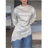 image:imageGORGLITTER Womens Satin Cinched Waist Top Lace Trim Long Sleeve Blouses Dressy Casual Ruched Asymmetrical T Shirt TopsWhite