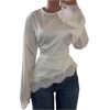 image:imageGORGLITTER Womens Satin Cinched Waist Top Lace Trim Long Sleeve Blouses Dressy Casual Ruched Asymmetrical T Shirt TopsWhite