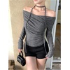 image:imageGORGLITTER Womens Wrap Tops Sexy Off The Shoulder Fitted Tie Neck Long Sleeve Trendy Tee Shirt Going Out OutfitsGrey