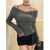 image:imageGORGLITTER Womens Wrap Tops Sexy Off The Shoulder Fitted Tie Neck Long Sleeve Trendy Tee Shirt Going Out OutfitsGrey